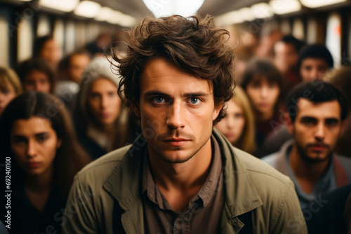 Man with serious look on his face in crowded subway car.