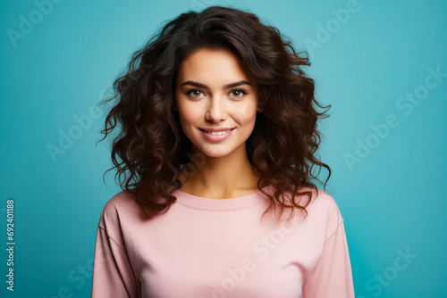 Woman with long hair smiling at the camera with blue background.