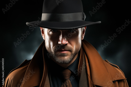 Man wearing hat and coat with tie.