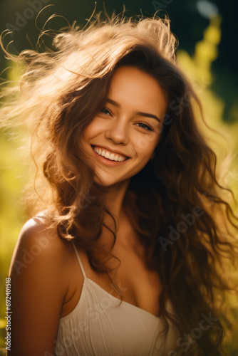 Woman with long hair smiling and looking at the camera. © valentyn640