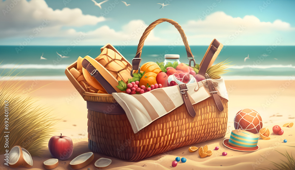 Picnic basket on sunny beach. Picnic background with bag. digital ai art. Generative AI Picnic basket on sunny beach. Picnic background with bag. digital ai art. Generative AI