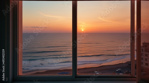 beautiful sea sight at sunset view from house window generated by AI tool © Aqsa