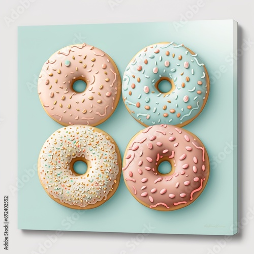 soft hues of the delicious Doughnuts top view mini sweet cake round tasty with scatter on top  strawberry chocolate stuffed toffee vanilla sugar calorie Generative AI 