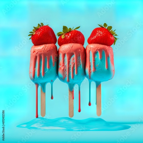 strawberries, popsicle summertime sweet desserrt taste it lick it with healthy pieces of fruit frozen cold chopsticks conception three it melts trickles down fruity Generative AI  photo