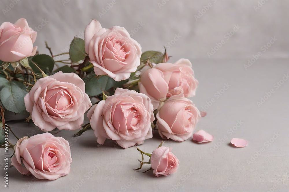 Fototapeta premium Bouquet of pink roses on a white background, copy space