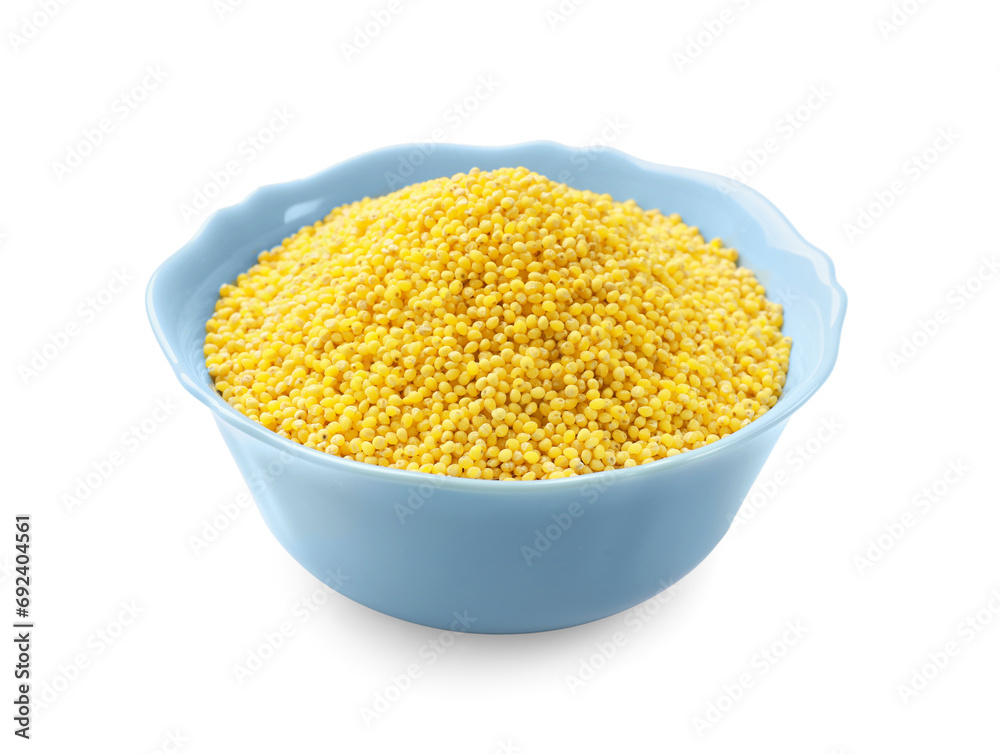 Dry millet seeds in bowl isolated on white Dry millet seeds in bowl isolated on white
