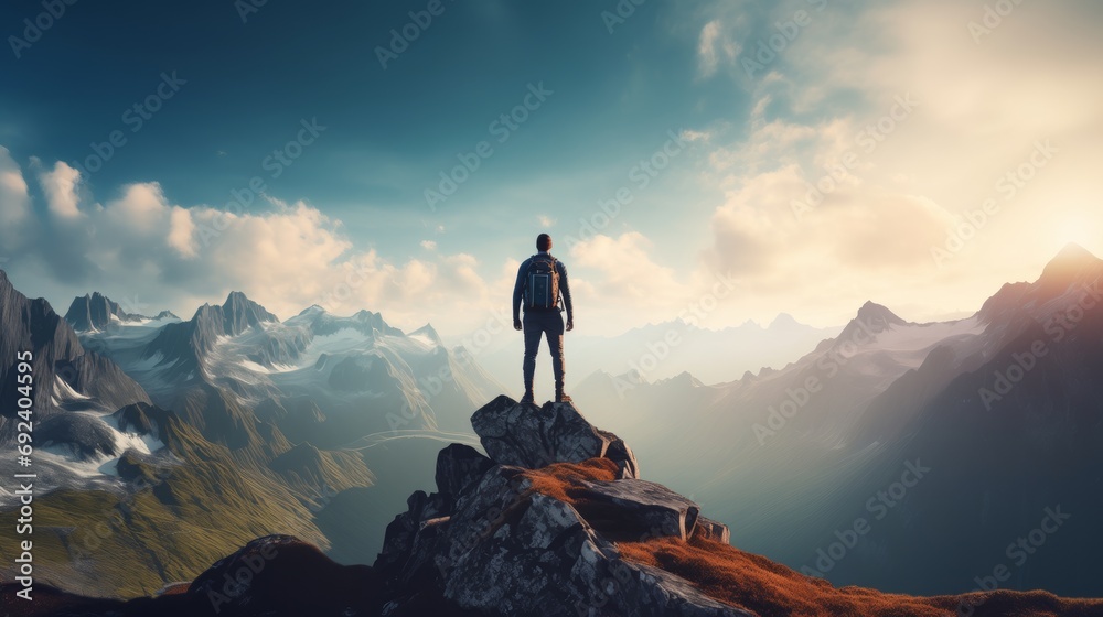 A man stands on top of a mountain and looks at a breathtaking panoramic view of the mountains. The concept of goals and achievements - obrazy, fototapety, plakaty 