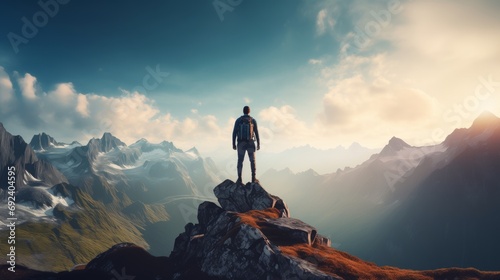 A man stands on top of a mountain and looks at a breathtaking panoramic view of the mountains. The concept of goals and achievements photo