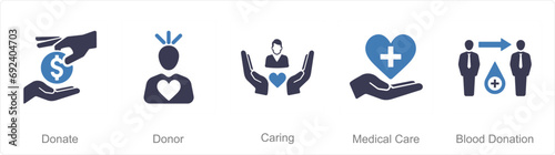 A set of 5 Charity and donation icons as donate, donor, caring