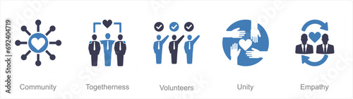 A set of 5 Charity and donation icons as community, togetherness, volunteers