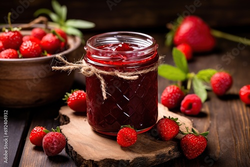 Raspberry, strawberry jam and berries on wooden table