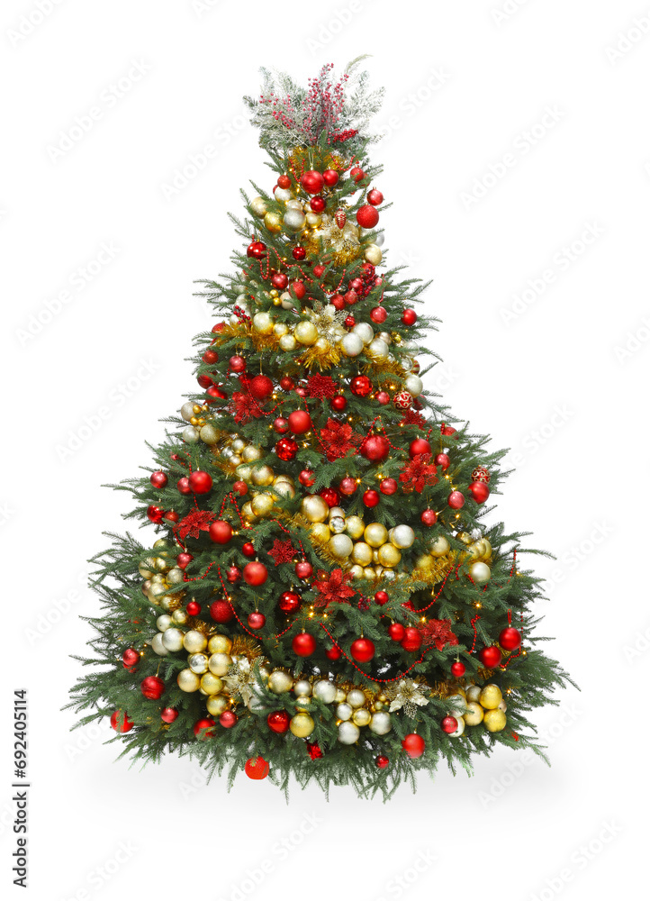 Fototapeta premium Beautiful Christmas tree decorated with ornaments and garland isolated on white