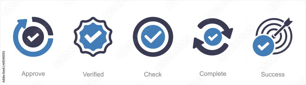 A set of 5 Checkmark icons as approve, verified, check A set of 5 Checkmark icons as approve, verified, check