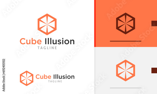 Logo design icon of geometric modern rectangle box 3d hexagon shape view with sharp triangle edges