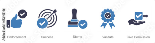 A set of 5 Checkmark icons as endorsement, success, stamp
