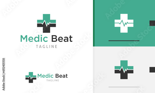 Logo design icon of plus health shape with pulse beat outline for hospital care monitor diagnose