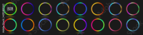 Set of 16 Neon Rings with gradient transparent effect. Multi-colored glowing ring frames. Illuminated circle borders. Editable Vector Illustration. 