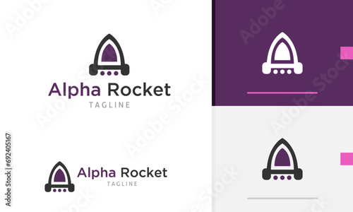 Logo design icon of modern rocket aircraft take off flying up to sky space with silhouette letter A