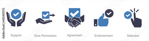 A set of 5 Checkmark icons as support, give permission, agreement