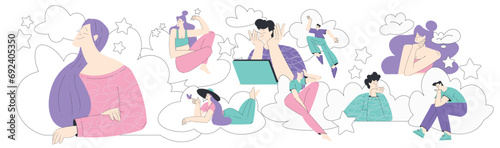 Dreaming People Characters with Their Head in Clouds Having Fancy Imagination Vector Illustration