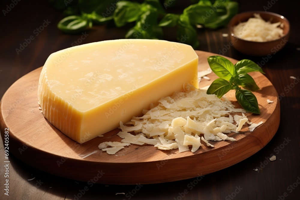 Piece of parmesan cheese on wooden background