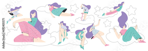 Dreaming Woman Character with Head in Clouds Having Fancy Imagination Vector Illustration