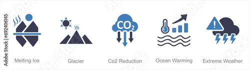 A set of 5 climate change icons as melting ice, glacier, co2 reduction