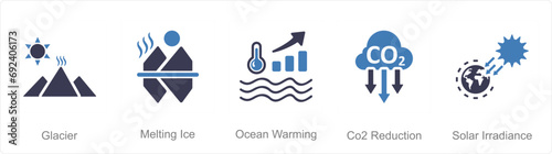 A set of 5 climate change icons as glacier, melting ice, ocean warming