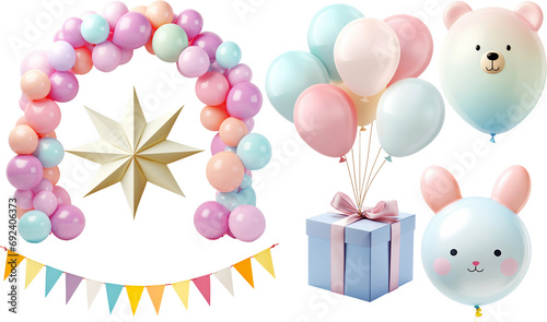 Set of pastel color balloons, ribbons, gift box, stars 