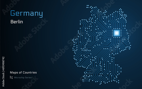 Germany Glossy Map with a capital of Berlin Shown in a Microchip Pattern with processor. E-government. World Countries vector maps.