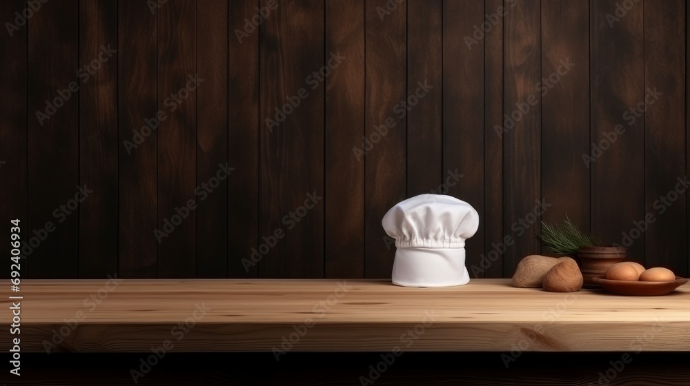 Cook hat and wooden table of free space Cook hat and wooden table of free space