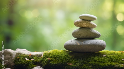 Balanced Rock Zen Stack. Stack of zen stones on a nature background. Stones balanced on top of each other on a stone with moss