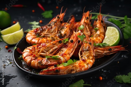 Roasted peeled shrimps on wooden background