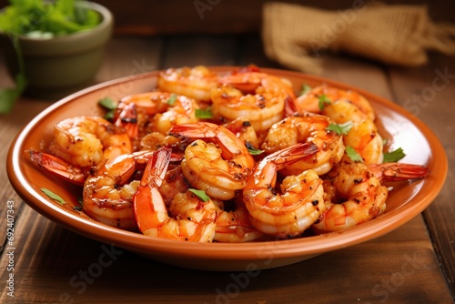 Roasted peeled shrimps on wooden background © Alina