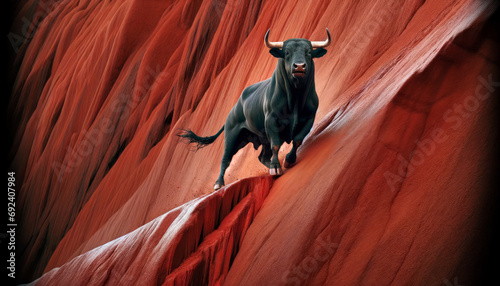 Black bull walking on a  rocky slippery red slope, metaphor for over optimistic bulls willing to take extreme risks in a bearish market