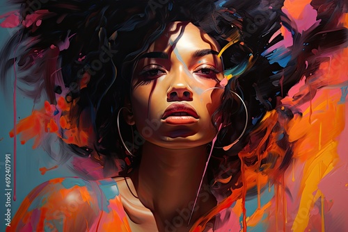 A digital art portrayal of a beautiful black woman, merging elegance and abstraction in a striking portrait