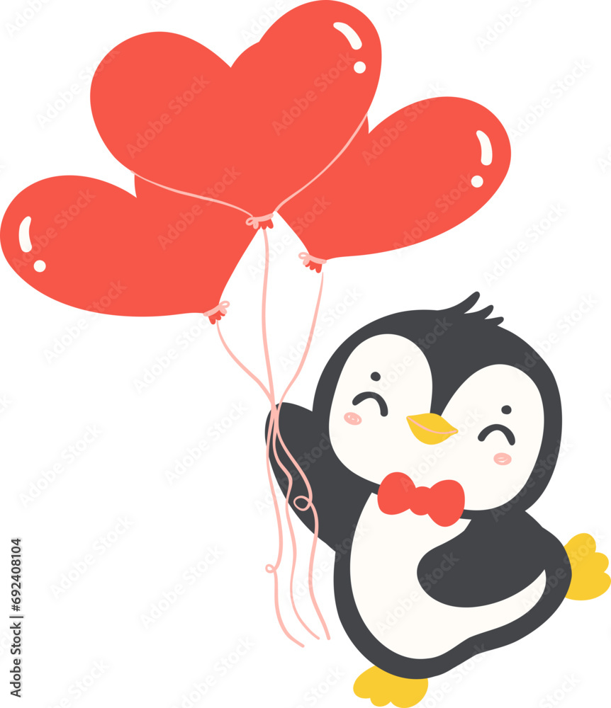 Cute Valentine Penguin with heart balloons cartoon illustration