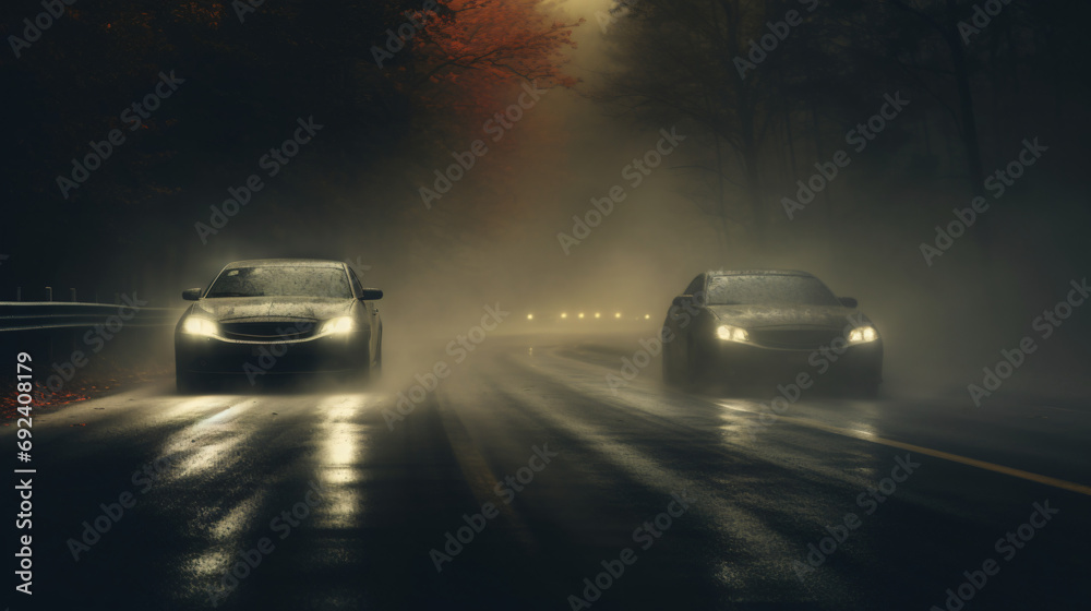 Rain autumn headlights car highway fog background
