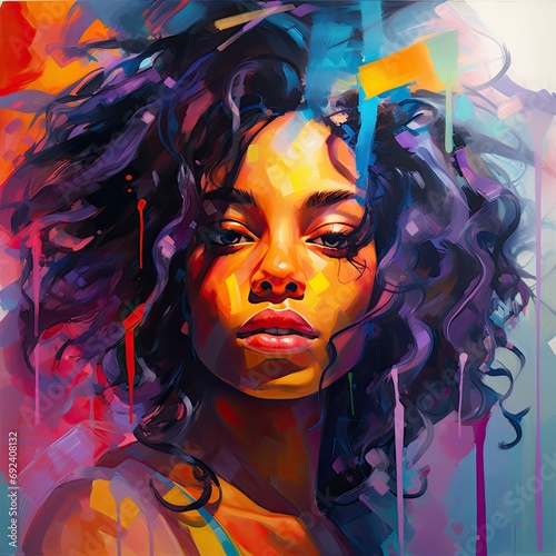 Vibrant hues and dynamic shapes converge in this digital artwork, highlighting the unique beauty of a black woman
