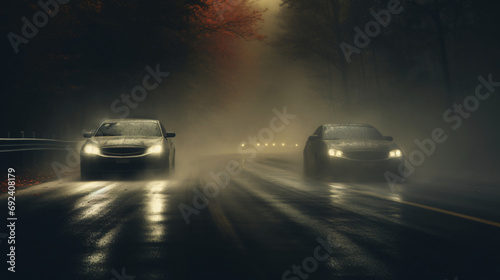 Rain autumn headlights car highway fog background