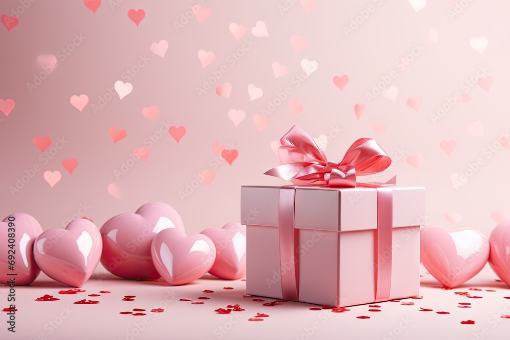 Pink gift box with gold ribbon and balloon hearts on pastel pink background.by Generative AI