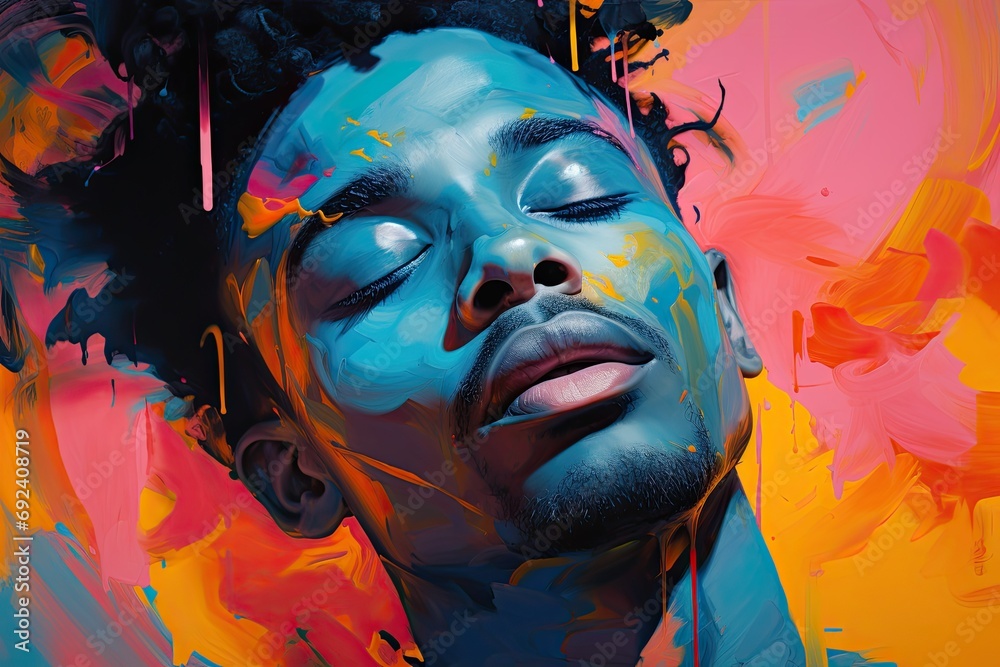 black man's portrait with abstract digital art, featuring dynamic shapes and expressive forms