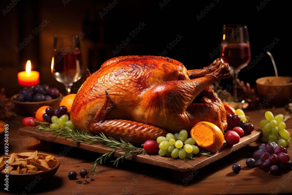 Thanksgiving turkey with vegetables on wooden table Thanksgiving turkey with vegetables on wooden table
