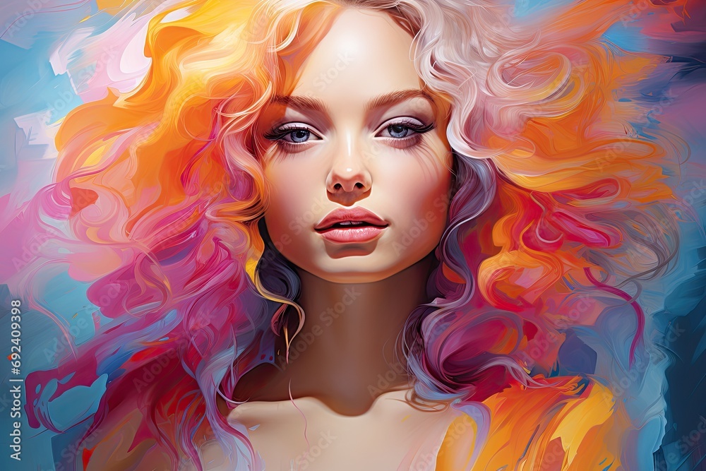 Radiant golden hues and dynamic lines converge to create an abstract digital art portrait, capturing the sunlit elegance of the blond woman