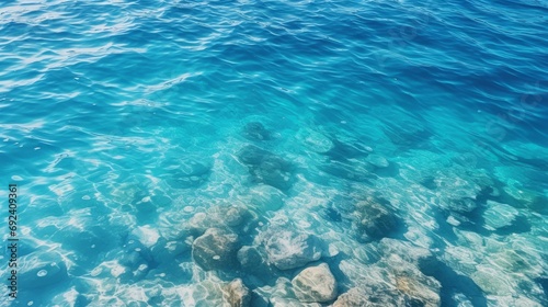 Blue-ripped sea water as a swimming pool. Crystal clear ocean lagoon bay turquoise blue azure water surface  closeup natural environment. Tropical Mediterranean beach water background