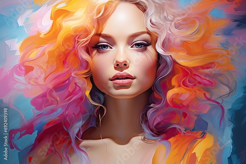 Radiant golden hues and dynamic lines converge to create an abstract digital art portrait, capturing the sunlit elegance of the blond woman