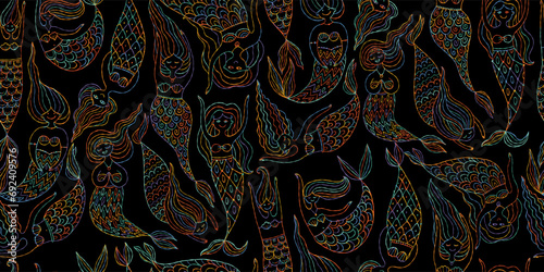 Cute mermaid friends, concept kids print, hand drawn art. Seamless pattern fo...