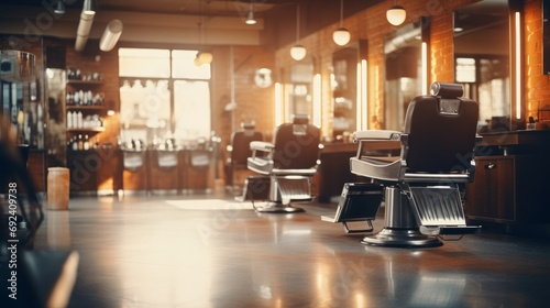 Blurred barbershop background. Background without people. Defocused barbershop interior. © Zahid