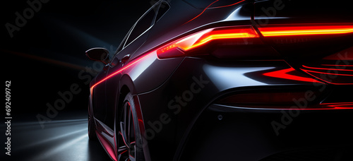 Coupe sports car in black view with close-up red LED tail lights, in the style of agressive. Generic brandless photo