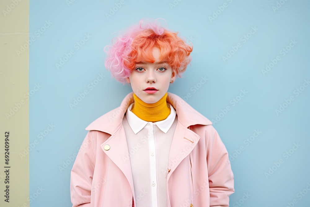 A funky, glamorous teenager with vibrant hair and makeup showcases colorful, stylish beauty.